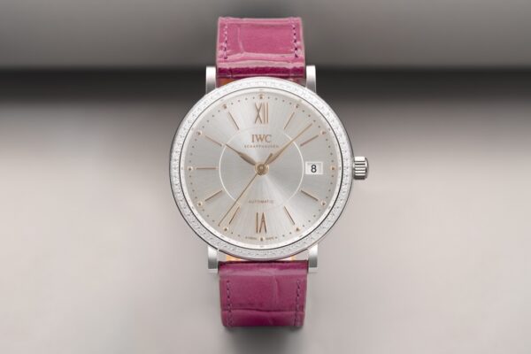 IWC Portofino Automatic 37mm IW458112 SS V7 Factory 1:1 Best Edition White Dial Diamonds Bezel on Pink Leather Strap A2892 - Best Replica Watches Store For Sale!
