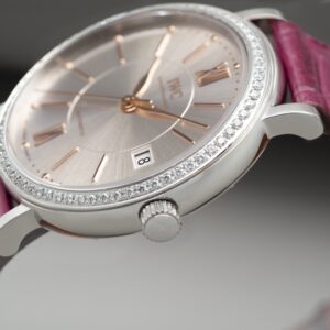 IWC Portofino Automatic 37mm IW458112 SS V7 Factory 1:1 Best Edition White Dial Diamonds Bezel on Pink Leather Strap A2892 - Best Replica Watches Store For Sale!