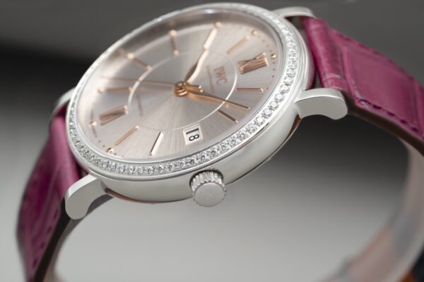 IWC Portofino Automatic 37mm IW458112 SS V7 Factory 1:1 Best Edition White Dial Diamonds Bezel on Pink Leather Strap A2892 - Best Replica Watches Store For Sale!