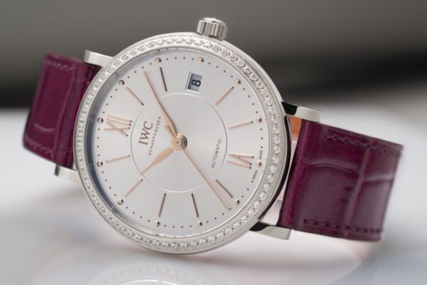 IWC Portofino Automatic 37mm IW458112 SS V7 Factory 1:1 Best Edition White Dial Diamonds Bezel on Pink Leather Strap A2892 - Best Replica Watches Store For Sale!