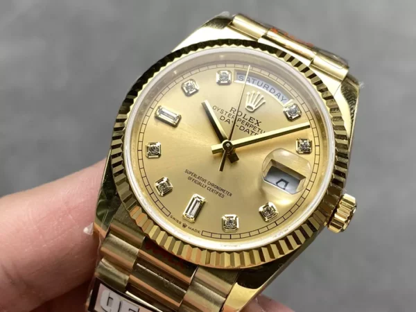 Rolex DayDate YG 128238-0008 36mm QF 1:1 Best Edition Yellow Gold Diamond Dial (Gain Weight) - Best Replica Watches Store For Sale!