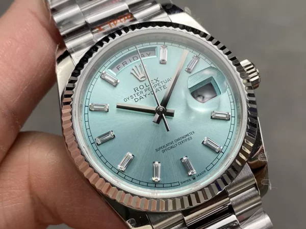 Rolex DayDate 128236 36mm QF 1:1 Best Edition Ice Blue Diamond Dial  (Gain Weight) - Best Replica Watches Store For Sale!