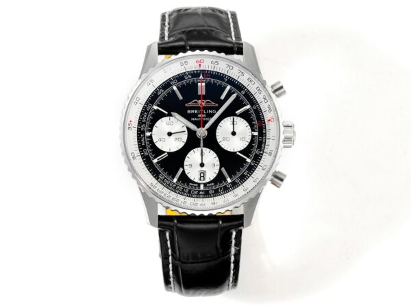 Breitling Navitimer B01 43mm SS BLS Factory 1:1 Best Edition Black Dial on Black Leather Strap A7750 - Best Replica Watches Store For Sale!