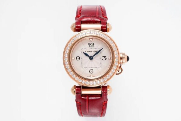 Cartier Pasha 30mm RG AF Factory 1:1 Best Edition White Textured Dial Diamonds Bezel on Red Leather Strap Jaq Quartz - Best Replica Watches Store For Sale!