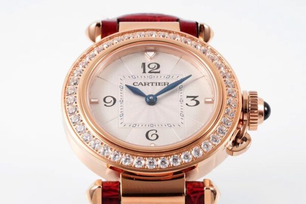Cartier Pasha 30mm RG AF Factory 1:1 Best Edition White Textured Dial Diamonds Bezel on Red Leather Strap Jaq Quartz - Best Replica Watches Store For Sale!