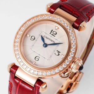 Cartier Pasha 30mm RG AF Factory 1:1 Best Edition White Textured Dial Diamonds Bezel on Red Leather Strap Jaq Quartz - Best Replica Watches Store For Sale!
