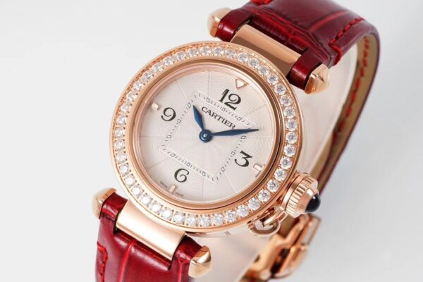 Cartier Pasha 30mm RG AF Factory 1:1 Best Edition White Textured Dial Diamonds Bezel on Red Leather Strap Jaq Quartz - Best Replica Watches Store For Sale!