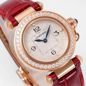 Cartier Pasha 30mm RG AF Factory 1:1 Best Edition White Textured Dial Diamonds Bezel on Red Leather Strap Jaq Quartz - Best Replica Watches Store For Sale!