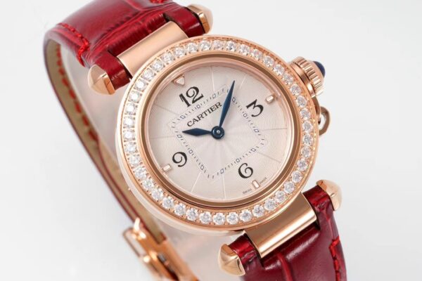 Cartier Pasha 30mm RG AF Factory 1:1 Best Edition White Textured Dial Diamonds Bezel on Red Leather Strap Jaq Quartz - Best Replica Watches Store For Sale!