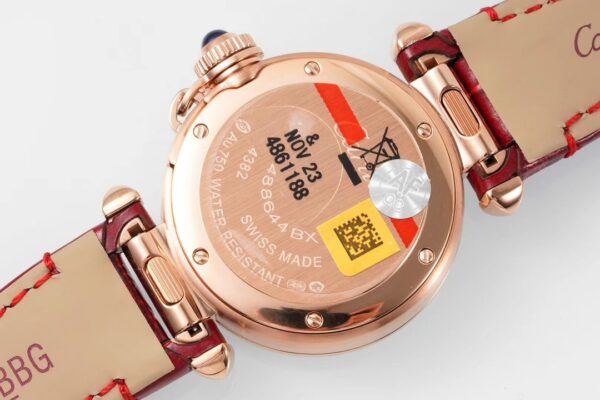 Cartier Pasha 30mm RG AF Factory 1:1 Best Edition White Textured Dial Diamonds Bezel on Red Leather Strap Jaq Quartz - Best Replica Watches Store For Sale!