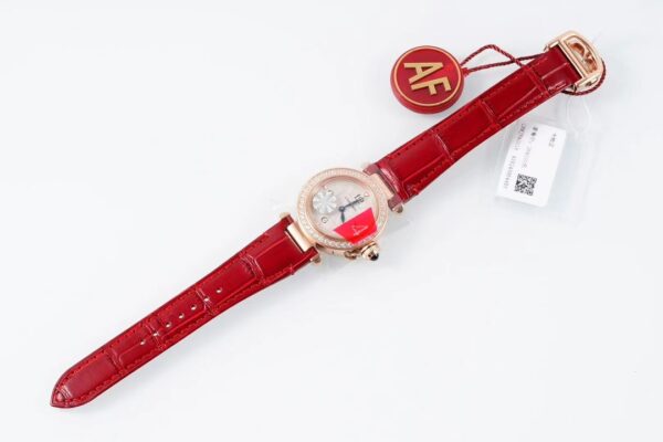 Cartier Pasha 30mm RG AF Factory 1:1 Best Edition White Textured Dial Diamonds Bezel on Red Leather Strap Jaq Quartz - Best Replica Watches Store For Sale!