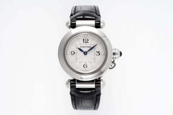 Cartier Pasha 30mm SS AF Factory 1:1 Best Edition White Textured Dial on Black Leather Strap Jaq Quartz - Best Replica Watches Store For Sale!