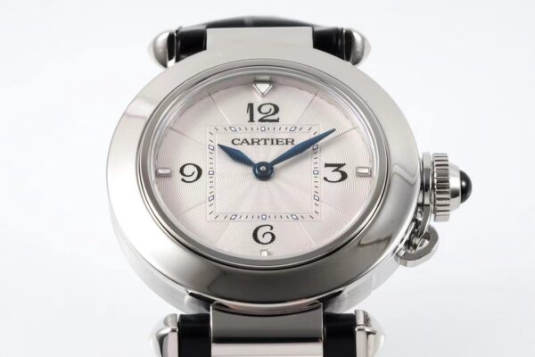 Cartier Pasha 30mm SS AF Factory 1:1 Best Edition White Textured Dial on Black Leather Strap Jaq Quartz - Best Replica Watches Store For Sale!