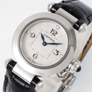 Cartier Pasha 30mm SS AF Factory 1:1 Best Edition White Textured Dial on Black Leather Strap Jaq Quartz - Best Replica Watches Store For Sale!