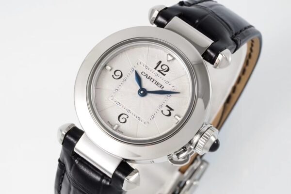 Cartier Pasha 30mm SS AF Factory 1:1 Best Edition White Textured Dial on Black Leather Strap Jaq Quartz - Best Replica Watches Store For Sale!