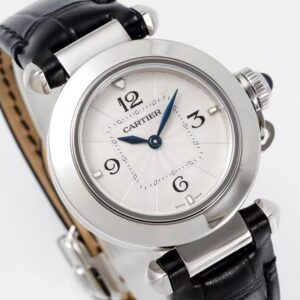 Cartier Pasha 30mm SS AF Factory 1:1 Best Edition White Textured Dial on Black Leather Strap Jaq Quartz - Best Replica Watches Store For Sale!