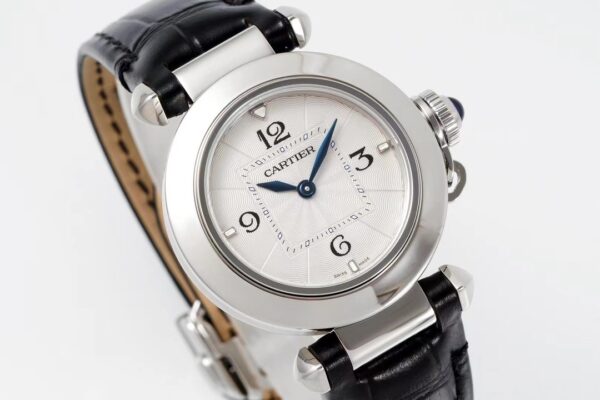 Cartier Pasha 30mm SS AF Factory 1:1 Best Edition White Textured Dial on Black Leather Strap Jaq Quartz - Best Replica Watches Store For Sale!