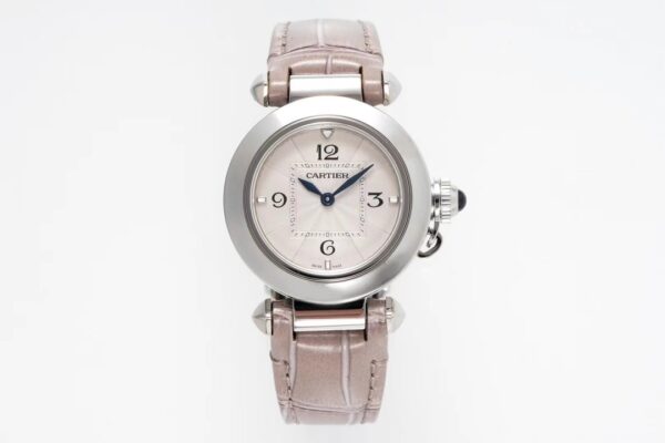 Cartier Cartier Pasha 30mm SS AF Factory 1:1 Best Edition White Textured Dial on Gray Leather Strap Jaq Quartz - Best Replica Watches Store For Sale!