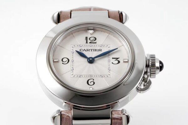 Cartier Cartier Pasha 30mm SS AF Factory 1:1 Best Edition White Textured Dial on Gray Leather Strap Jaq Quartz - Best Replica Watches Store For Sale!