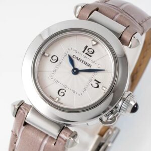 Cartier Cartier Pasha 30mm SS AF Factory 1:1 Best Edition White Textured Dial on Gray Leather Strap Jaq Quartz - Best Replica Watches Store For Sale!