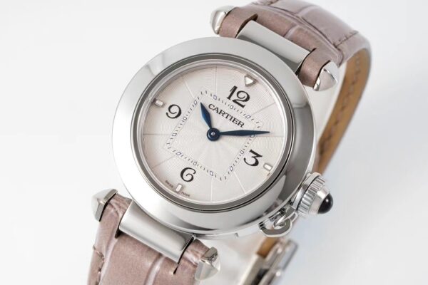 Cartier Cartier Pasha 30mm SS AF Factory 1:1 Best Edition White Textured Dial on Gray Leather Strap Jaq Quartz - Best Replica Watches Store For Sale!