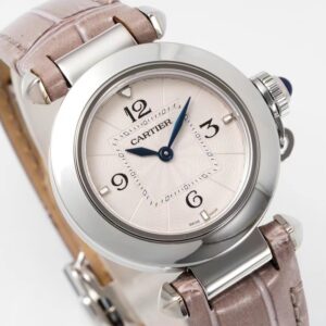 Cartier Cartier Pasha 30mm SS AF Factory 1:1 Best Edition White Textured Dial on Gray Leather Strap Jaq Quartz - Best Replica Watches Store For Sale!