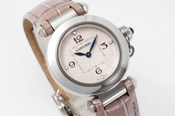 Cartier Cartier Pasha 30mm SS AF Factory 1:1 Best Edition White Textured Dial on Gray Leather Strap Jaq Quartz - Best Replica Watches Store For Sale!