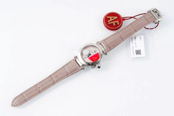 Cartier Cartier Pasha 30mm SS AF Factory 1:1 Best Edition White Textured Dial on Gray Leather Strap Jaq Quartz - Best Replica Watches Store For Sale!