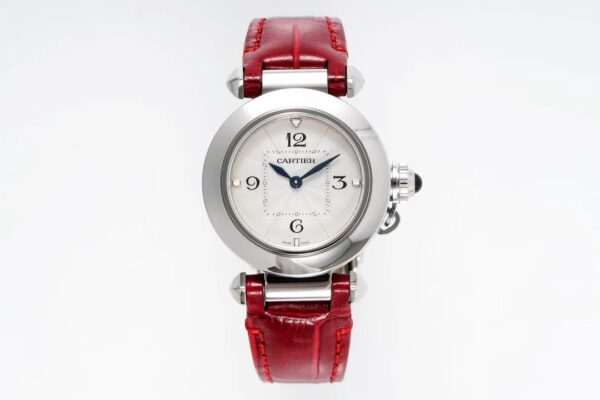 Cartier Pasha 30mm SS AF Factory 1:1 Best Edition White Textured Dial on Deep Red Leather Strap Jaq Quartz - Best Replica Watches Store For Sale!