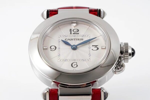Cartier Pasha 30mm SS AF Factory 1:1 Best Edition White Textured Dial on Deep Red Leather Strap Jaq Quartz - Best Replica Watches Store For Sale!