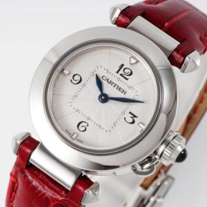 Cartier Pasha 30mm SS AF Factory 1:1 Best Edition White Textured Dial on Deep Red Leather Strap Jaq Quartz - Best Replica Watches Store For Sale!