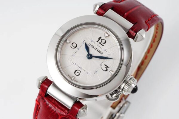 Cartier Pasha 30mm SS AF Factory 1:1 Best Edition White Textured Dial on Deep Red Leather Strap Jaq Quartz - Best Replica Watches Store For Sale!