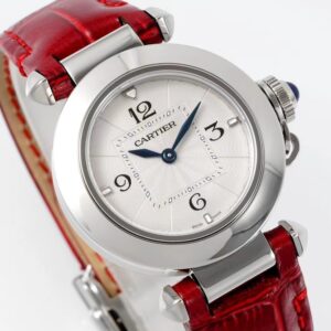 Cartier Pasha 30mm SS AF Factory 1:1 Best Edition White Textured Dial on Deep Red Leather Strap Jaq Quartz - Best Replica Watches Store For Sale!