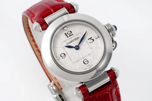 Cartier Pasha 30mm SS AF Factory 1:1 Best Edition White Textured Dial on Deep Red Leather Strap Jaq Quartz - Best Replica Watches Store For Sale!