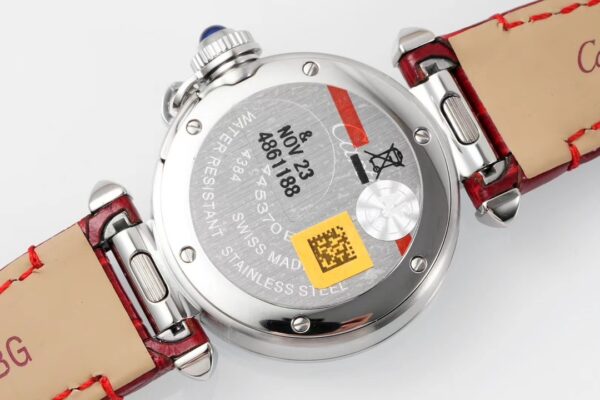 Cartier Pasha 30mm SS AF Factory 1:1 Best Edition White Textured Dial on Deep Red Leather Strap Jaq Quartz - Best Replica Watches Store For Sale!