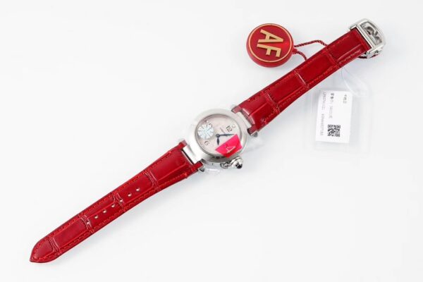 Cartier Pasha 30mm SS AF Factory 1:1 Best Edition White Textured Dial on Deep Red Leather Strap Jaq Quartz - Best Replica Watches Store For Sale!