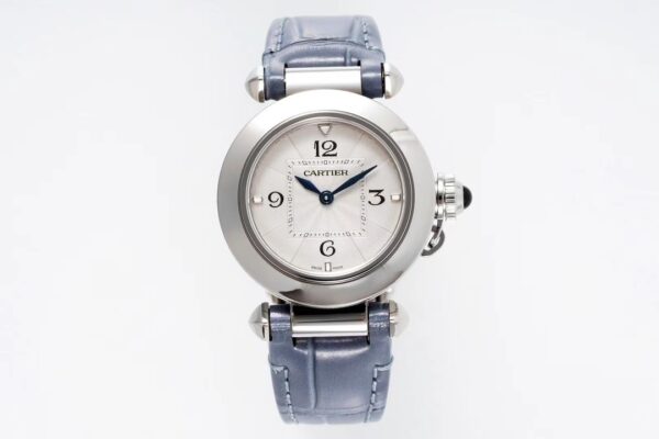 Cartier Pasha 30mm SS AF Factory 1:1 Best Edition White Textured Dial on Blue Leather Strap Jaq Quartz - Best Replica Watches Store For Sale!