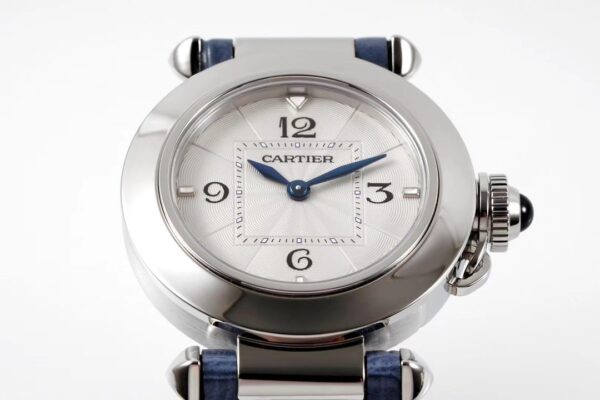 Cartier Pasha 30mm SS AF Factory 1:1 Best Edition White Textured Dial on Blue Leather Strap Jaq Quartz - Best Replica Watches Store For Sale!