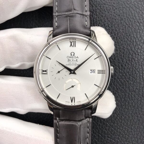 OMEGA De Ville Prestige Real PR SS  ZF Factory 1:1 Best Edition White Dial Blue Markers on Gray Leather Strap MIYOTA 9015 - Best Replica Watches Store For Sale!