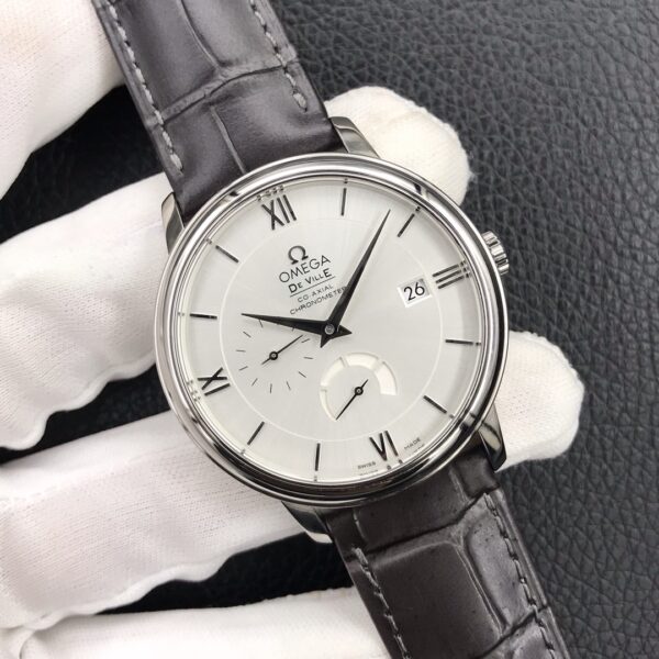 OMEGA De Ville Prestige Real PR SS  ZF Factory 1:1 Best Edition White Dial Blue Markers on Gray Leather Strap MIYOTA 9015 - Best Replica Watches Store For Sale!