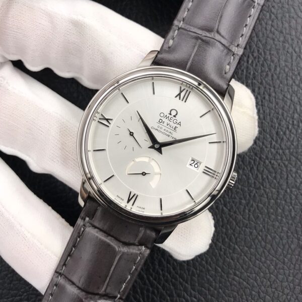 OMEGA De Ville Prestige Real PR SS  ZF Factory 1:1 Best Edition White Dial Blue Markers on Gray Leather Strap MIYOTA 9015 - Best Replica Watches Store For Sale!