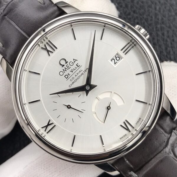 OMEGA De Ville Prestige Real PR SS  ZF Factory 1:1 Best Edition White Dial Blue Markers on Gray Leather Strap MIYOTA 9015 - Best Replica Watches Store For Sale!