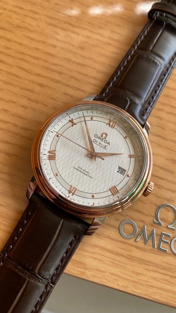 OMEGA De Ville Prestige 39.5mm RG/SS A+ Factory 1:1 Best Edition White Dial RG Markers on Brwon Leather Strap A2500 - Best Replica Watches Store For Sale!