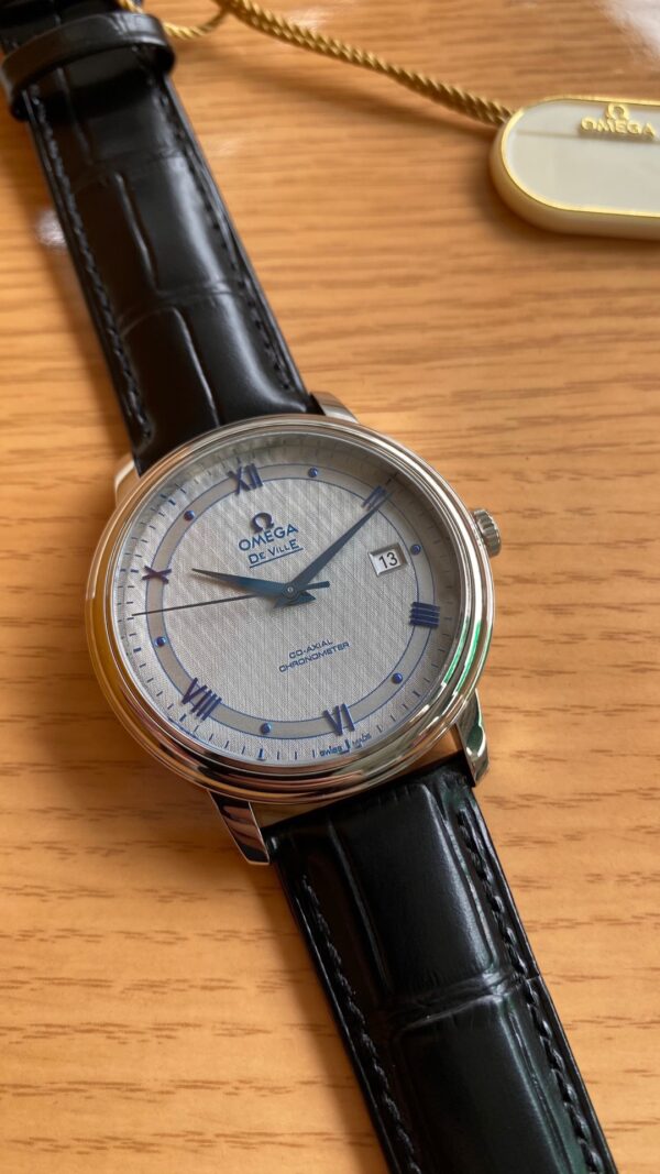 OMEGA De Ville Prestige 39.5mm SS A+ Factory 1:1 Best Edition White Dial Blue Markers on Black Leather Strap A2500 - Best Replica Watches Store For Sale!
