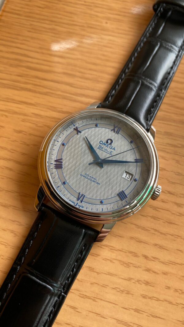 OMEGA De Ville Prestige 39.5mm SS A+ Factory 1:1 Best Edition White Dial Blue Markers on Black Leather Strap A2500 - Best Replica Watches Store For Sale!