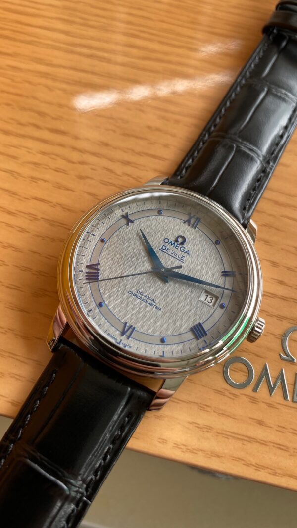 OMEGA De Ville Prestige 39.5mm SS A+ Factory 1:1 Best Edition White Dial Blue Markers on Black Leather Strap A2500 - Best Replica Watches Store For Sale!