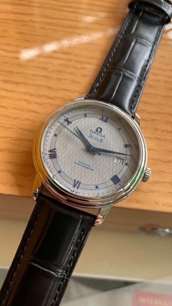 OMEGA De Ville Prestige 39.5mm SS A+ Factory 1:1 Best Edition White Dial Blue Markers on Black Leather Strap A2500 - Best Replica Watches Store For Sale!
