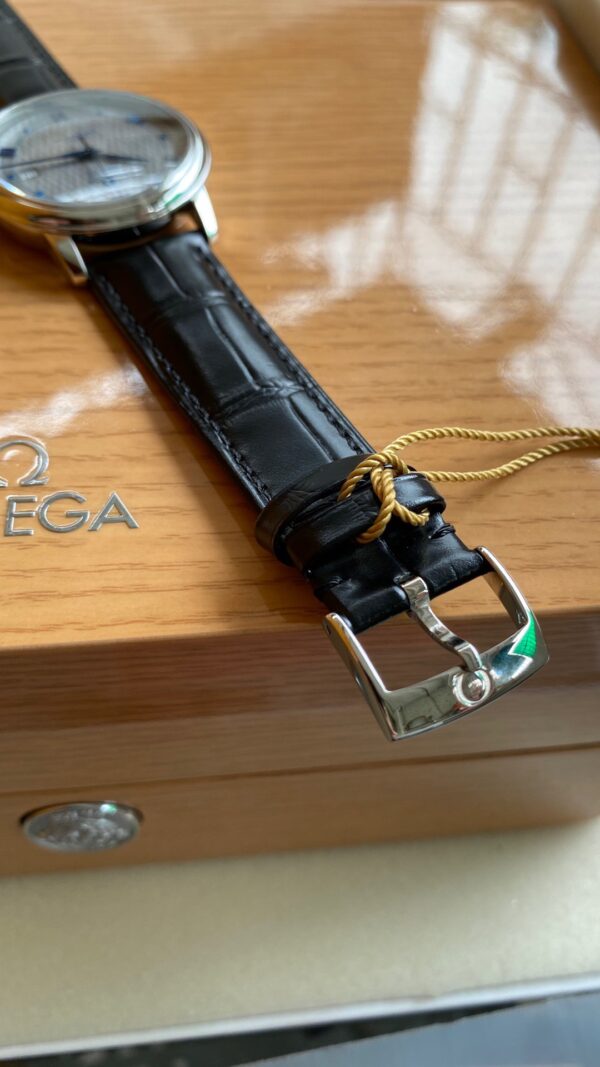 OMEGA De Ville Prestige 39.5mm SS A+ Factory 1:1 Best Edition White Dial Blue Markers on Black Leather Strap A2500 - Best Replica Watches Store For Sale!