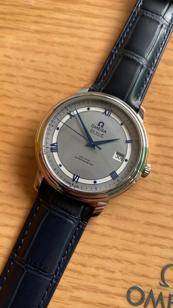 OMEGA De Ville Prestige 39.5mm SS A+ Factory 1:1 Best Edition White Dial Blue Markers on Blue Leather Strap A2500 - Best Replica Watches Store For Sale!