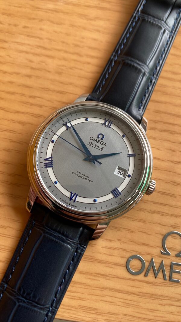 OMEGA De Ville Prestige 39.5mm SS A+ Factory 1:1 Best Edition White Dial Blue Markers on Blue Leather Strap A2500 - Best Replica Watches Store For Sale!